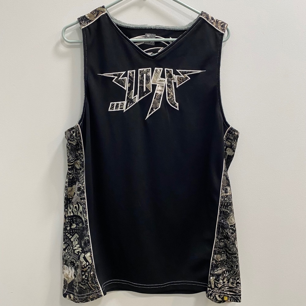 Lost Jersey Men XL Black Tank Top Graphic Side Panels Y2K Sleeveless Embroidered